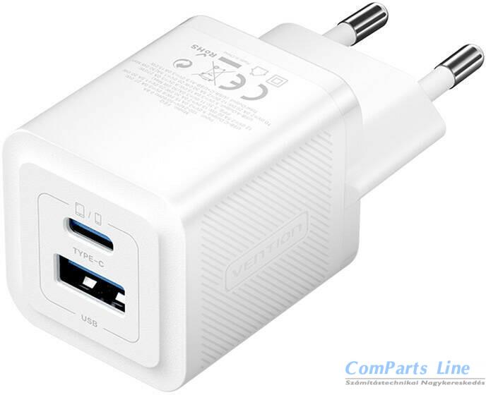 Hálózati tölt? 1xUSB + 1xUSB-C aljzattal Vention 30W GaN FEQW0-EU