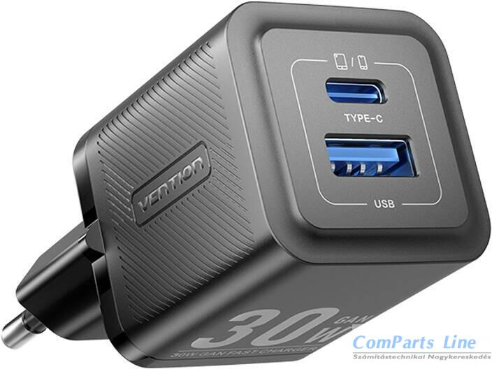 Hálózati tölt? 1xUSB + 1xUSB-C aljzattal Vention 30W GaN FEQB0-EU