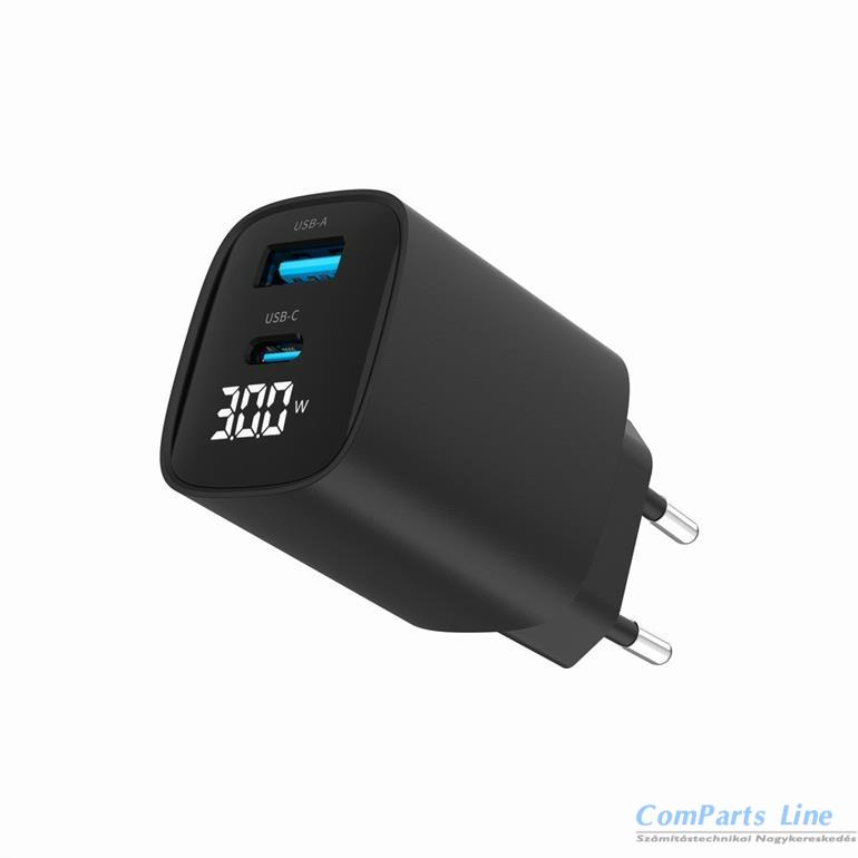 Hálózati töltő 1xUSB + 1xUSB-C aljzattal Gembird 30W GaN TA-UC-PDQC30LCD-BK-01
